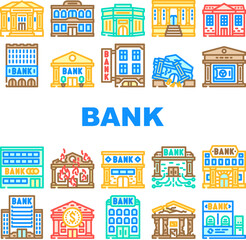 bank building business finance icons set vector. city office, government financial, money architecture, cityscape urban house bank building business finance color line illustrations