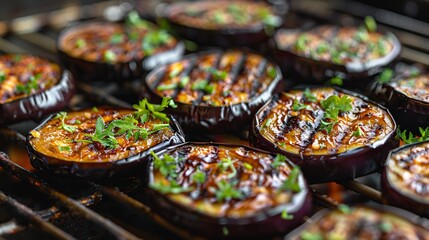 grilled eggplants seasoned with herbs on a barbecue grill, highlighting a savory summer dish