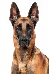 A close-up headshot of a Belgian Malinois on a white background, showcasing its expressive eyes, dog, fluffy fur, friendly, cute, mans best friend