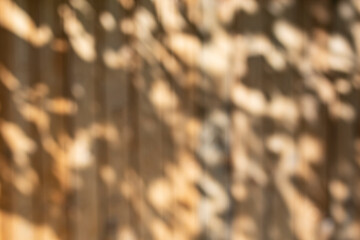Defocused and blurred Tree foliage shadows on wooden boards wall, abstract texture backdrop, wallpaper design with copy space