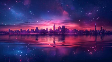 Fototapeta premium Cityscape with Vibrant Purple and Pink Sunset and Stars