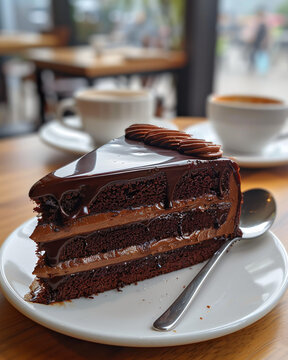 Decadent Chocolate Cake Slice with Coffee