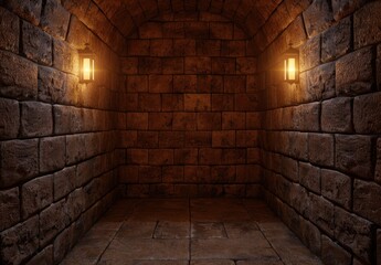 Mysterious stone corridor with glowing lights