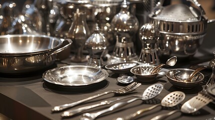 Metal cooking utensils on table. 