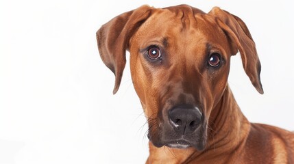 A close-up headshot of a Rhodesian Ridgeback on a white background, showcasing its expressive eyes, dog, fluffy fur, friendly, cute, mans best friend