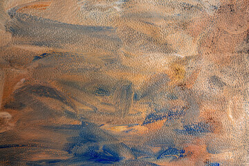 Wavy acrylic paint , blue, orange and beige smudges on leather texture, abstract background