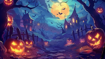 Spooky Jack-o'-Lanterns in Haunted Graveyard.