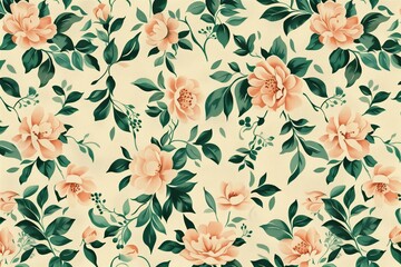 Vintage Floral Elegance, Peach and Forest Green, Seamless Pattern with Flowers and Leaves. Hand Drawn Background. Floral Pattern for Wallpaper, Fabric, Textile, Fashion, Print