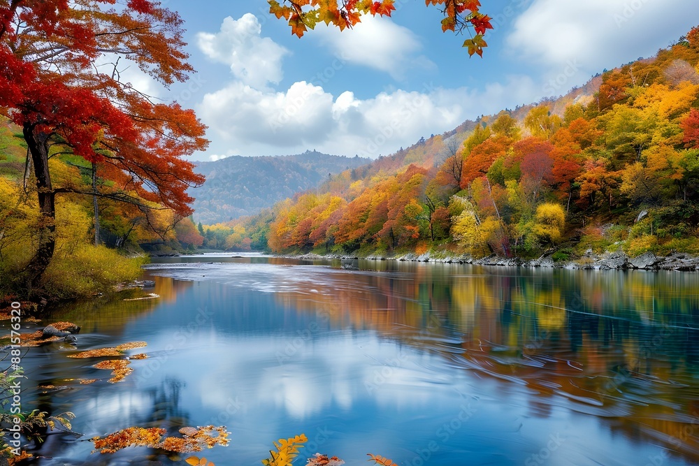 Wall mural a serene river flows through a lush forest, its surface reflecting the vibrant autumn foliage.