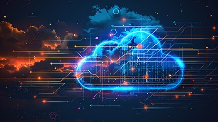 data migration from on-premises servers to cloud storage, symbolizing the transition with digital icons and arrows.
