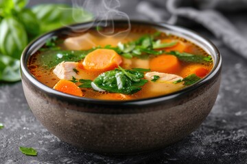 Steaming hot bowl of homemade chicken noodle soup