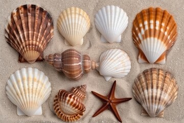 Obraz premium Assortment of seashells and starfish on sandy beach