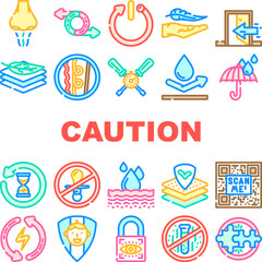 product caution label warning icons set vector. odor control, reversible, automatic shut down, lightweight, indoor use only product caution label warning color line illustrations