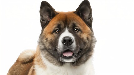A close-up headshot of a Akita on a white background, showcasing its expressive eyes, dog, fluffy fur, friendly, cute, mans best friend