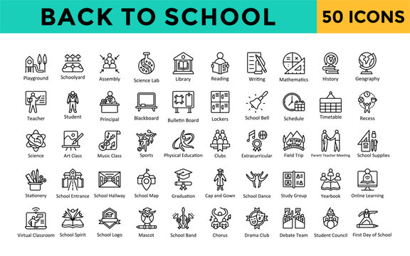 Back to School icon set with  playground, schoolyard, assembly, science lab, library, reading, writing, mathematics, history, geography, education icon. Simple line vector 