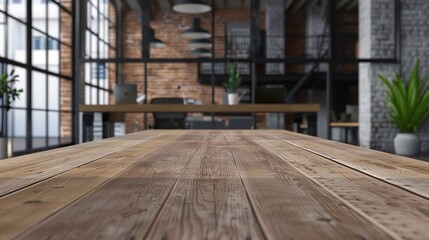 Industrial Style Office with Windows and Wooden Table in Foreground