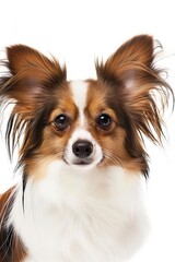 Fototapeta premium A close-up headshot of a Papillon on a white background, showcasing its expressive eyes, dog, fluffy fur, friendly, cute, mans best friend