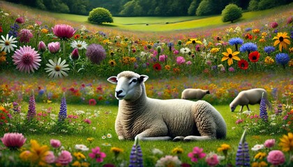 A sheep standing or lying in a meadow filled with colorful wildflowers in a detailed, focused, and...