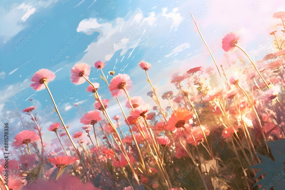 Wall mural Pink Flowers in a Field Illustration