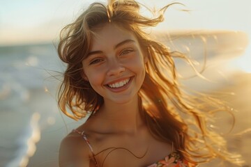 Captures the carefree joy and summer vibes of a woman twirling in a sundress on a beach.