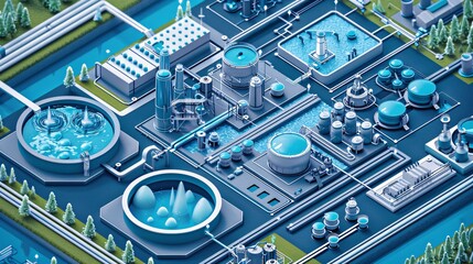 infographic illustrating strategies for industrial water management, focusing on conserving, minimizing usage, treating wastewater, and promoting sustainability.