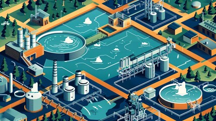 an educational infographic on industrial water management, featuring methods for conservation, reduced usage, wastewater treatment, and sustainability advancements