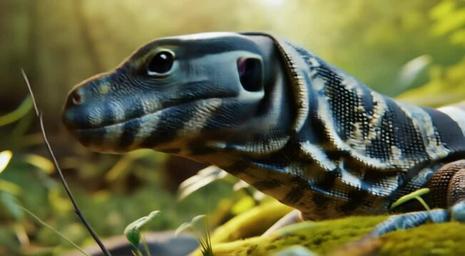 A monitor lizard rests in a tropical forest, surrounded by lush plants and sunlight filtering through the foliage.
