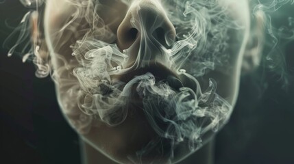 Fototapeta premium A woman's face is covered in smoke, with her nose and mouth covered