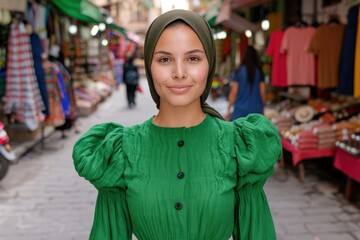 woman in green dress smiling at camera in market