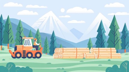 Sustainable forestry regulations, logging with replanting, flat design illustration