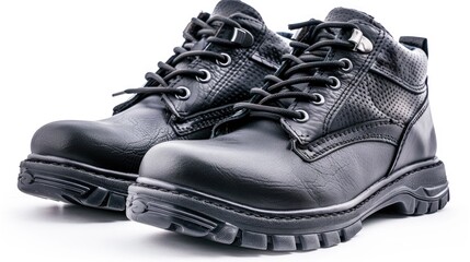 Black safety leather work shoes isolated on white background for men in factory or industry safety