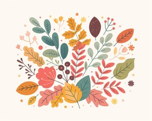 Autumn harvest scene, oak branches, flat design illustration