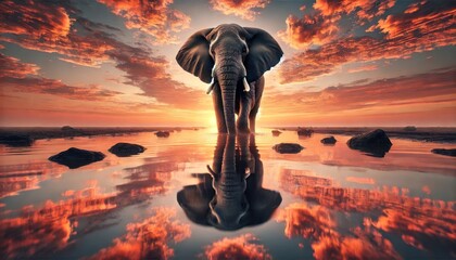 An elephant in a tranquil water setting at sunset, with vibrant orange and pink colors in the sky.