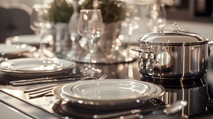 Obraz premium Metal cooking utensils on table. 