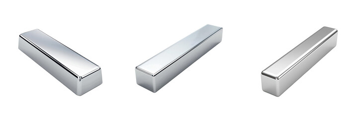 Fototapeta premium Three silver rectangular metal bars isolated on a white background, useful for industrial, construction, or manufacturing design projects.