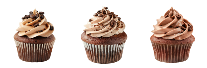 Three delicious chocolate cupcakes with rich, creamy frosting, perfect for dessert or a sweet treat. Isolated on a white background.