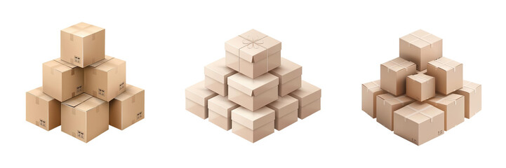 Stacked cardboard boxes forming pyramid shapes, isolated on white background. Perfect for logistics, shipping, and packaging concepts.