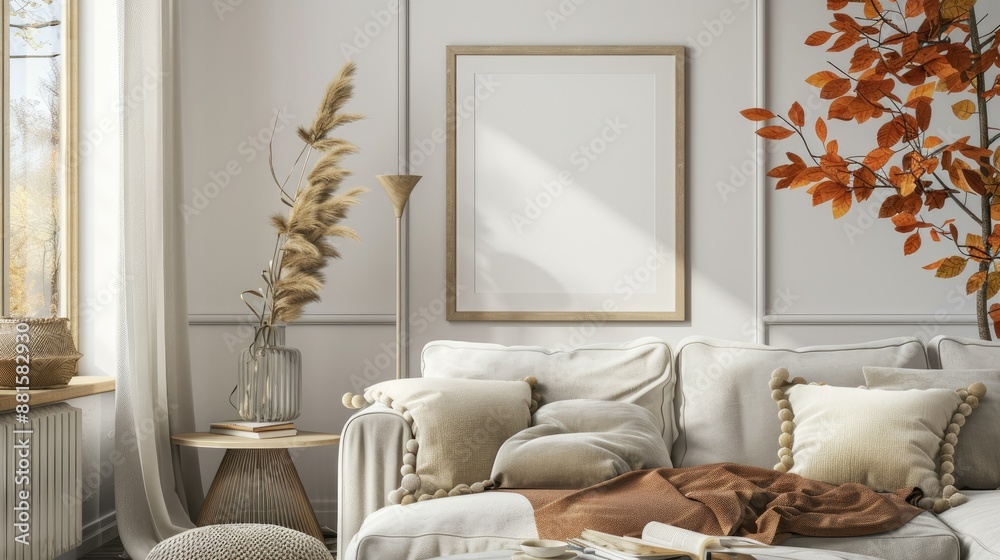 Wall mural Empty frame mockup in a cozy autumn living room, isolated, 3d render