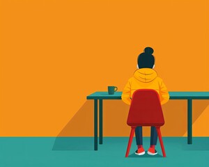 Child at desk, school classroom, studying, flat design illustration