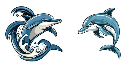 Obraz premium Illustrated dolphins in motion, showcasing detailed marine animal artistry with stylized, dynamic swimming poses.