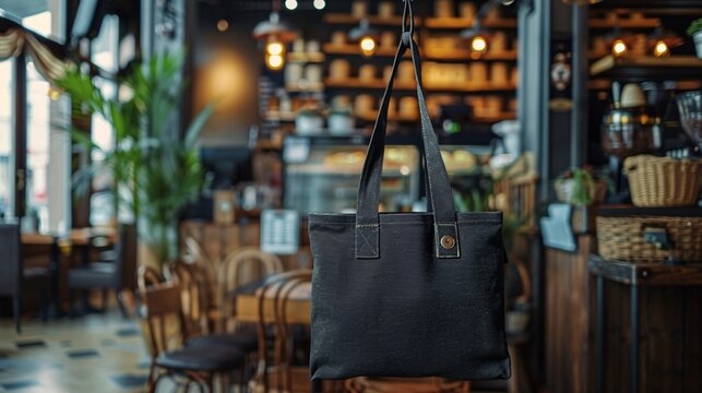 a black canvas tote bag mockup positioned in a cafe interior, highlighting its design and suitability for urban lifestyles