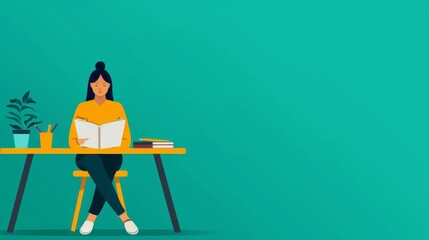 Student in classroom, sitting at desk, learning tools, flat design illustration