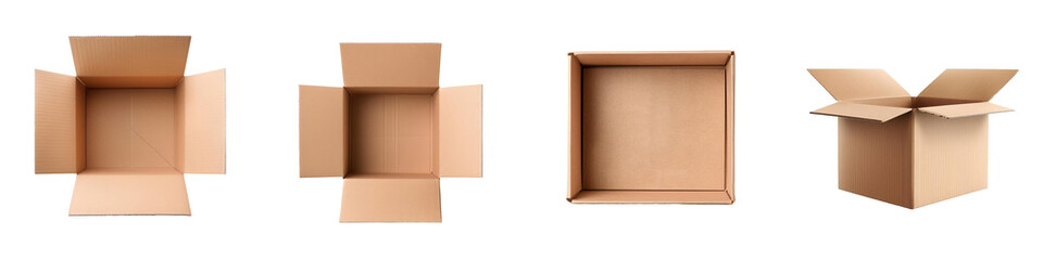 Fototapeta premium Four cardboard boxes in different stages of being opened and closed, showcasing packaging, shipping, and storage solutions isolated on a white background.