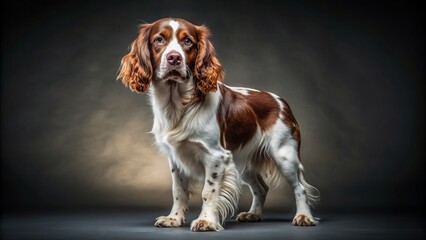Wide shot of a French Spaniel standing, studio portrait.