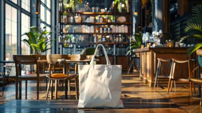 a stylish mockup of a white canvas tote bag displayed in a cafe interior, capturing its modern design and suitability for various lifestyles.
