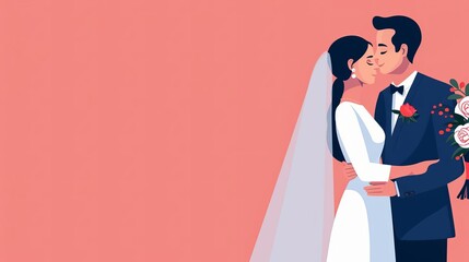 Newlyweds with bouquet, posing for photos, memorable day, flat design illustration