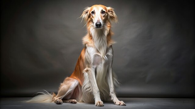 Wide shot of a Silken Windhound sitting, studio portrait.