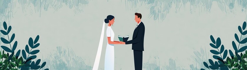Fototapeta premium Writing vows, bride and groom, preparation for ceremony, flat design illustration