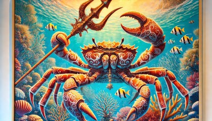 A detailed and intricately designed crab warrior holding a trident, standing majestically underwater.