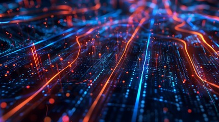 Abstract Futuristic Circuit Board with Glowing Lines and Nodes
